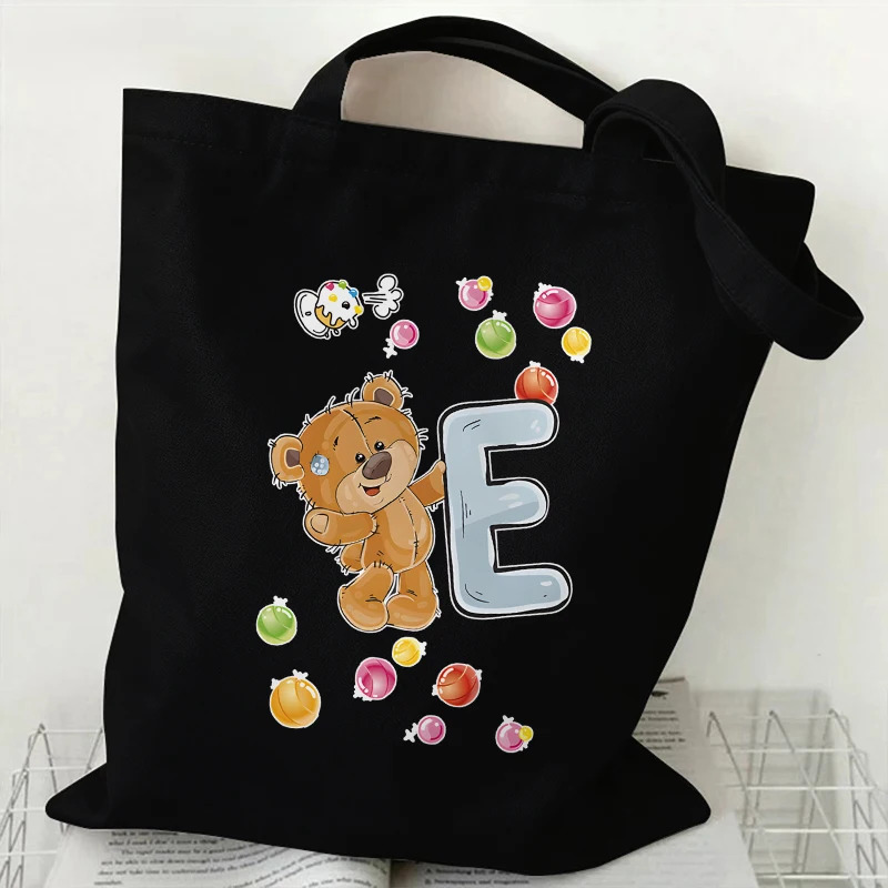 Cute Bear AZ 26 Letter Print Canvas Shoulder Tote Bag Large Capacity Reusable Handbags Supermarket Shopping for Women 251110