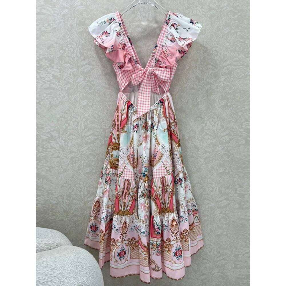 Retro Bohemian V-Neck Back Strap Sexy Long Skirt 2025 Summer Women's New Print Design Seaside Holiday Big Swing High Waist Dress