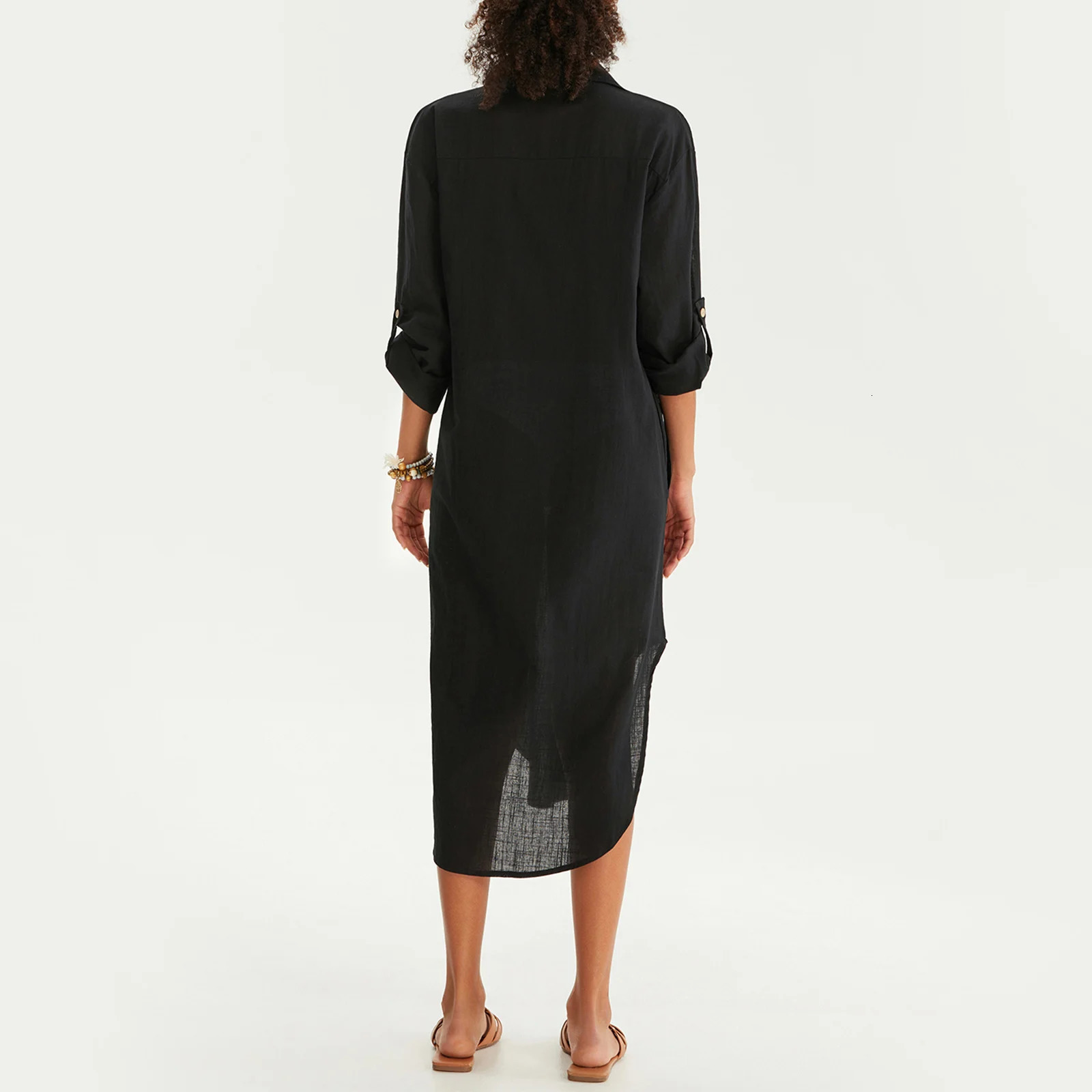 Yiiciovy solid color bikini top Bohemian beach shirt dress casual long sleeved womens lapel side seam swimsuit suit 250408