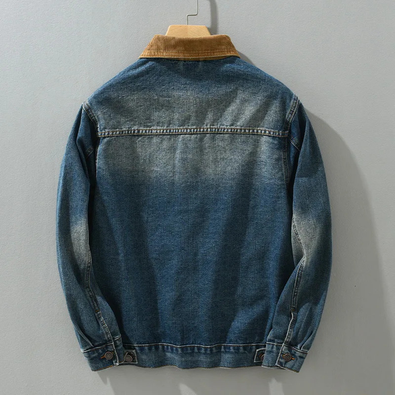 Mens patchwork denim jacket vintage American casual workwear youth hardship old wash denim jacket top 250410