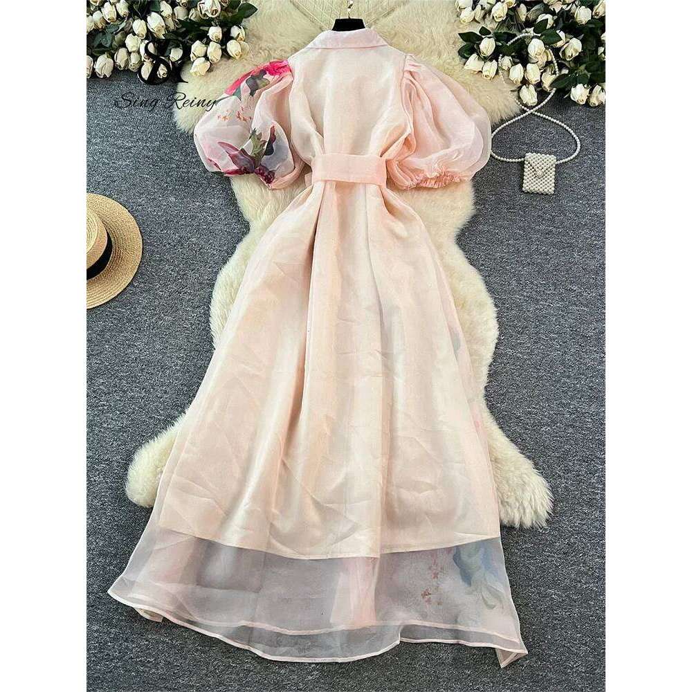 SINGREINY Original Brand 3D Floral Organza Long Female Lapel Short Sleeves High Quality French Vintage Print Maxi Dress