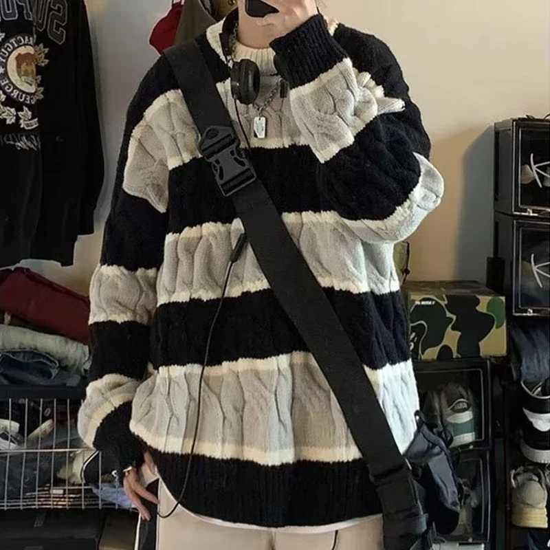 Fashion New Patchwork Striped Crewneck Sweaters For Men Hip Hop Fashion Knitted Jersey Hombre Winter Y2K Vintage Pullovers Knitwear Y251110
