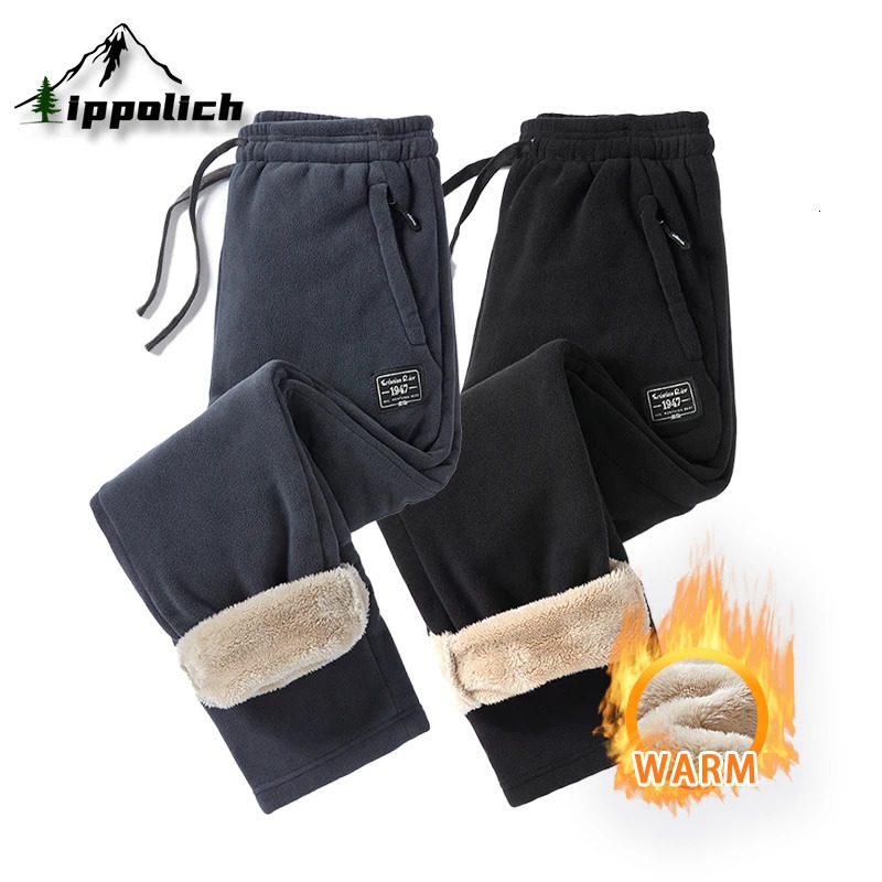 IPPOLICH Mens Winter Casual Pants Outdoor Plush Velvet Thickened Cold-proof Pure Cotton Casual Pants Men Windproof Warm Trousers 251106