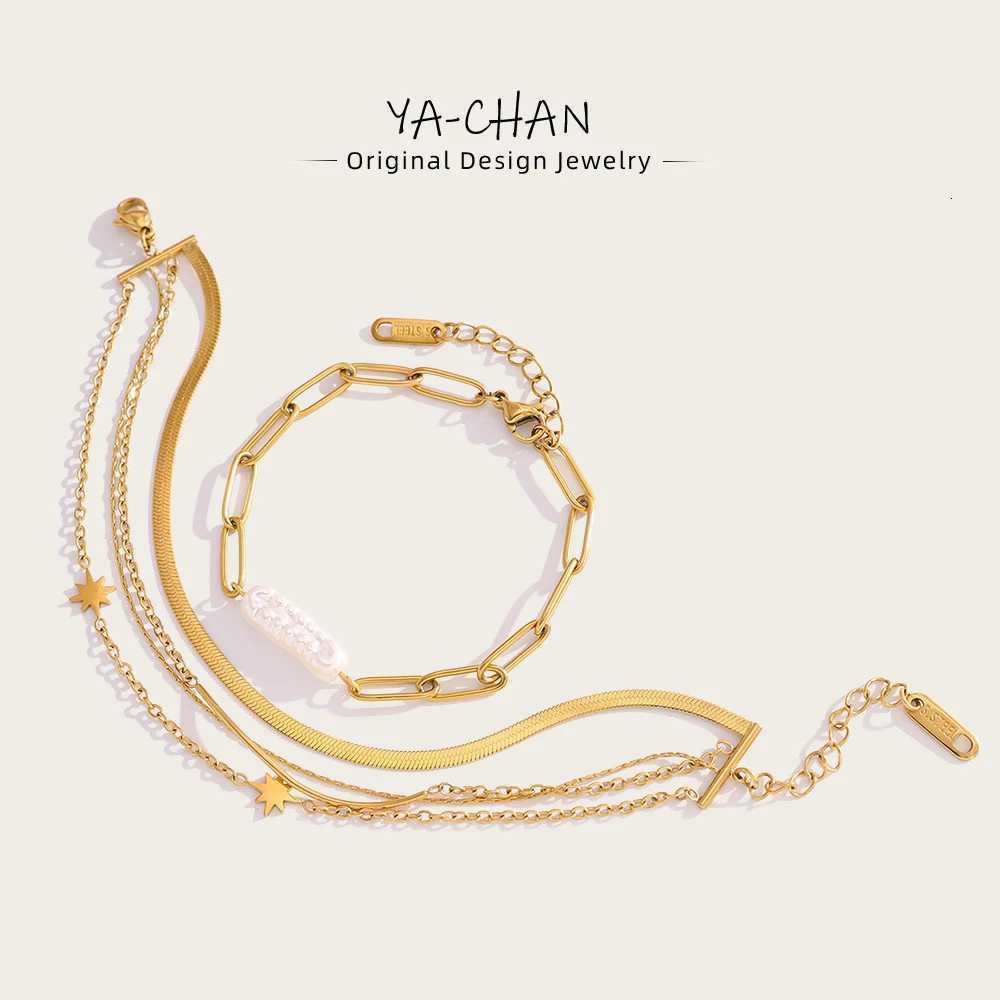 YACHAN Stainless Steel Layered Bracelet for Women Irregular Baroque Pearl 18K Gold Plated Trendy Waterproof JewelryT251110