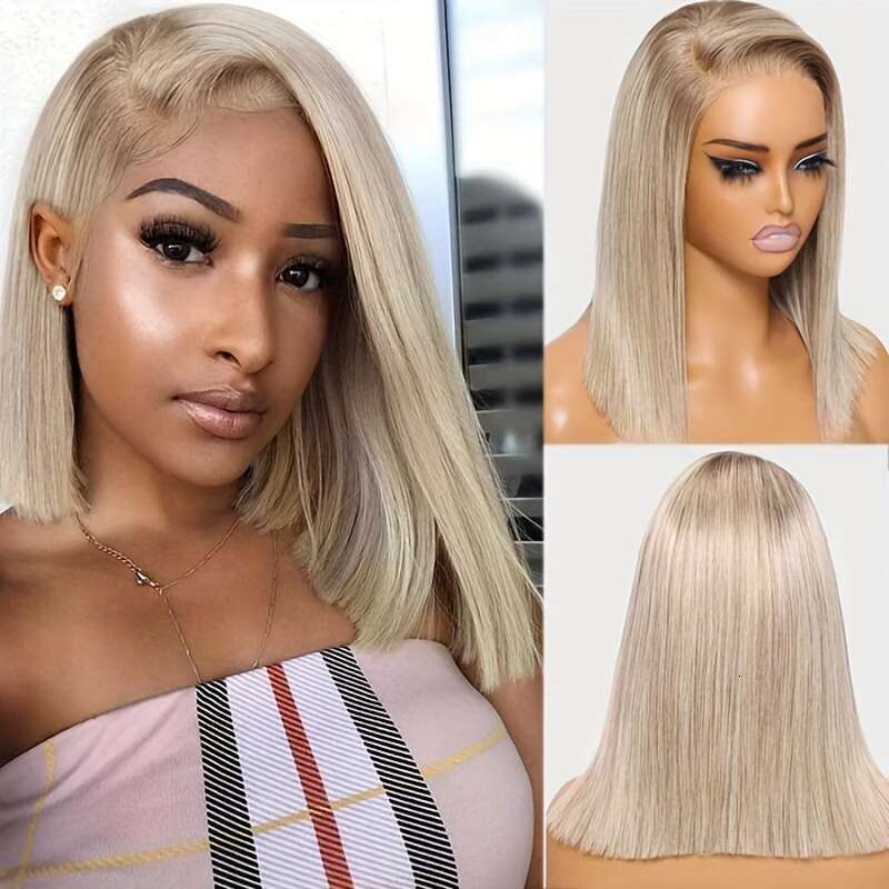 Klaiyi Blonde With Brown Root Wigs Short 7X5 Bye Wig Ready To Wear, Versatile Wig, Quick Hairstyle, Straight Hair, Bob Cut, Realistic Knots