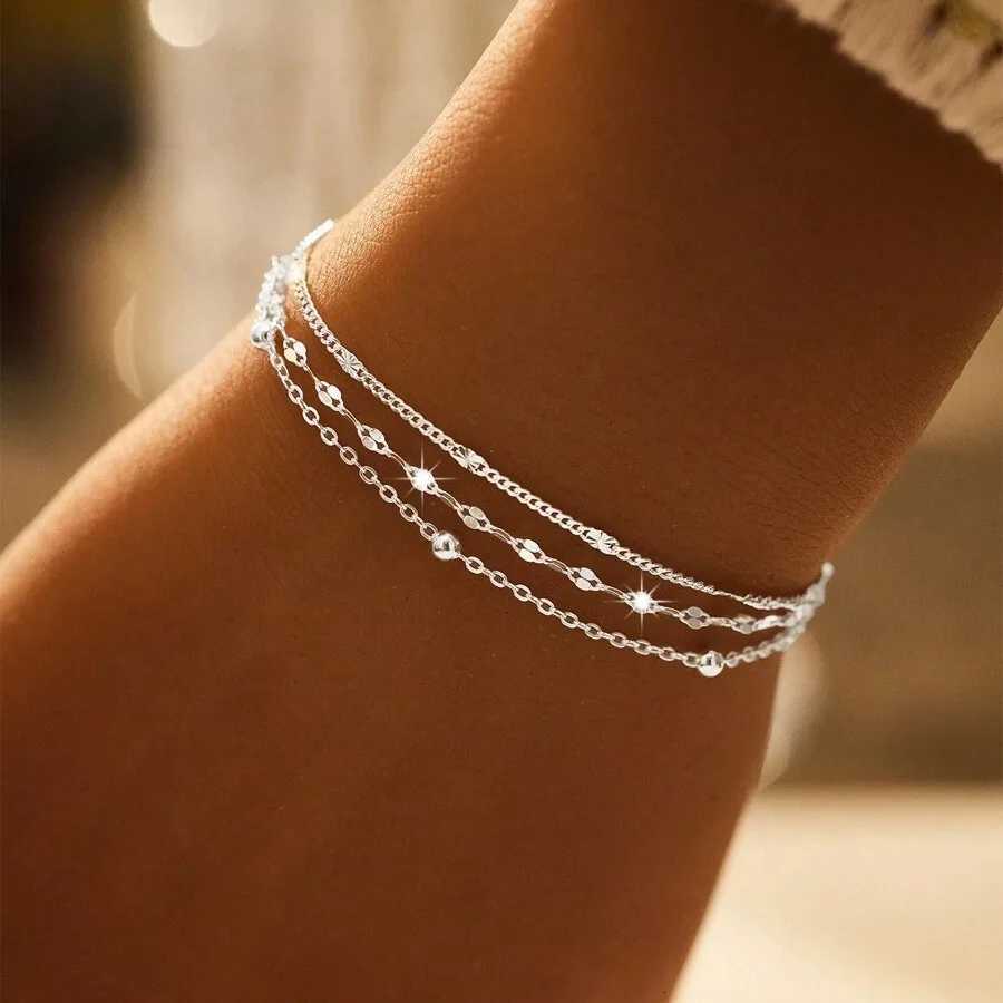 Sparking 925 Sterling Silver Chain Bracelets For Women Luxury Elegant Three Layer Geometric Bead Bracelet Party Wedding JewelryT251110