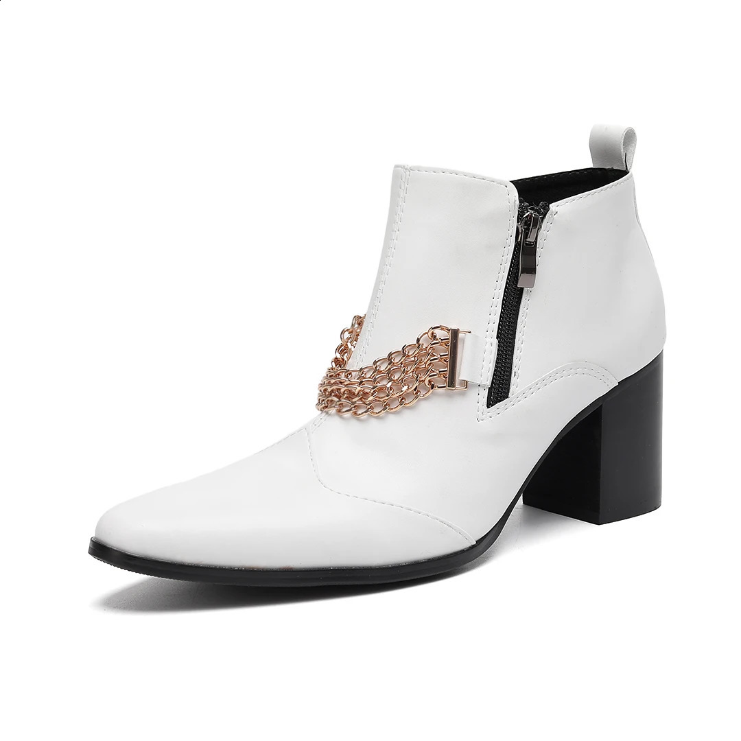 White Chains Genuine Leather Men High Heel Boots Large Size Club Party Drag Queen Dress Shoes Pointed Toe Zipper Ankle Boots 251106