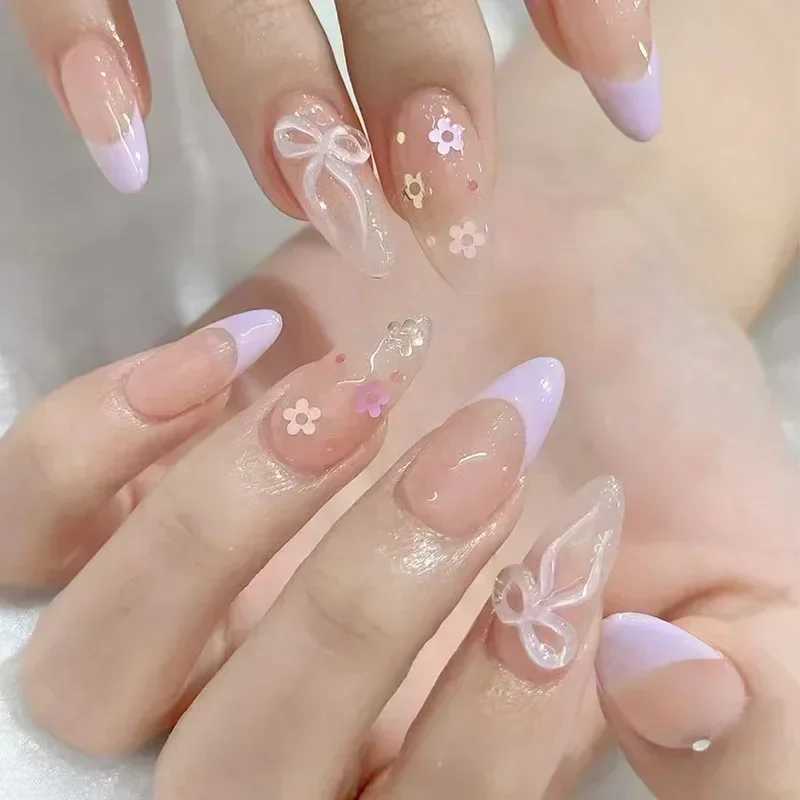 24 pieces of medium and long almond fake nails small and fresh sweet acrylic fake nails with 3D bow pearls wearable artificial nails with glue W250410