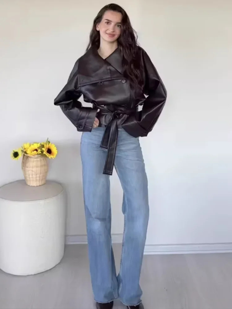 Solid Spliced Lace Up Vintage Leather Jackets for Women Lapel Long Sleeves Patchwork Double Breasted Jacket Female 251103