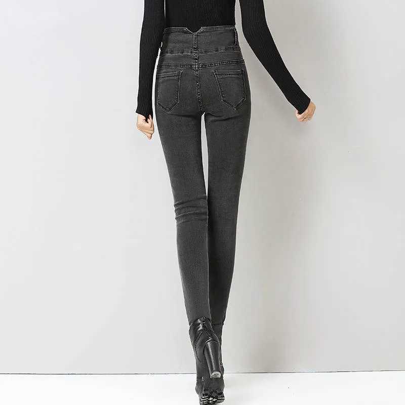 New High Waist Velvet Thick Jeans Female Winter Skinny Stretch Warm Jeans Pants Mom Black Denim Trousers With Fleece Pants P125 C251110