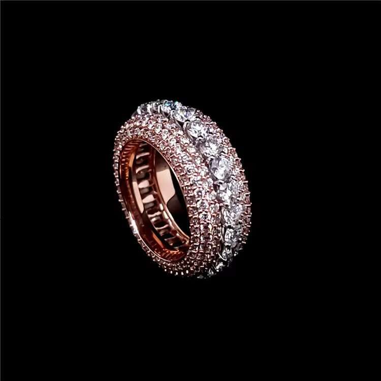 High Quality 925 Sterling Silver Ring Pass Diamond Tester 5 Rows VVS Moissanite Diamond Finger Ring Gold Plated Hip Hop Jewelry