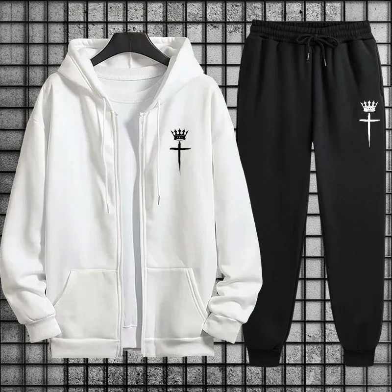 Autumn Winter Casual Sportswear Cross Crown Print Men 2 Piece Set Zipper Hoodie and Sweatpants Urban Streetwear Tracksuit Outfit W251110