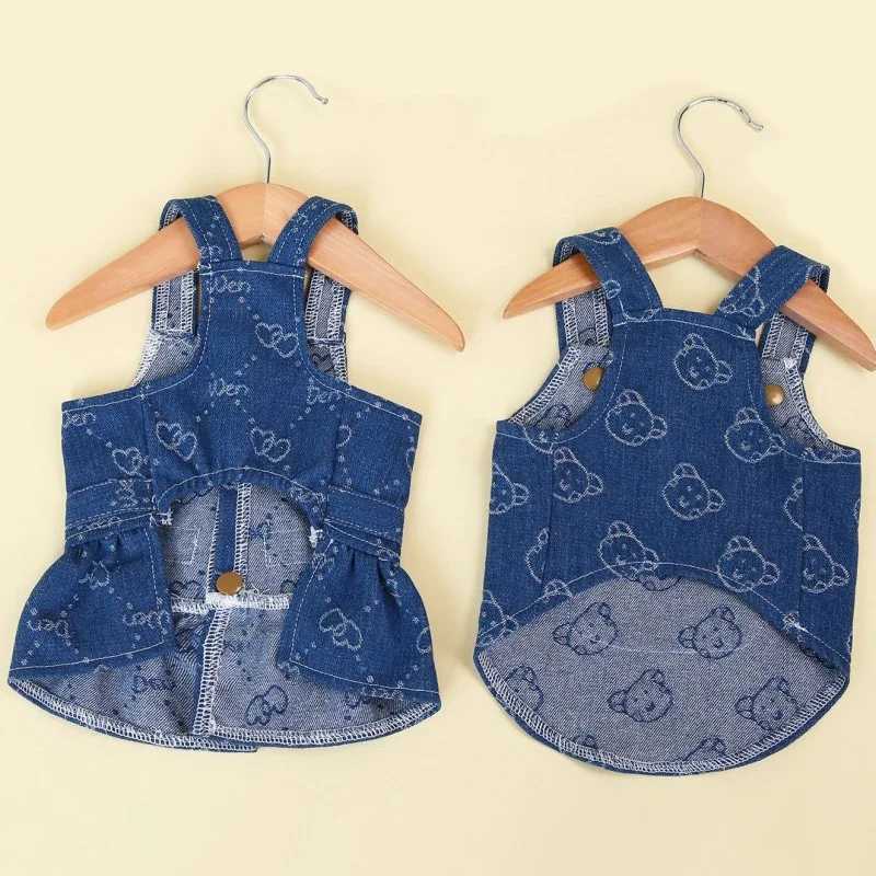 Denim Dog Dresses for Small Dogs Puppy Girl Clothes with Leash Ring and Cute Pattern Summer Cat Apparel with D-Ring Navy Blue J251110