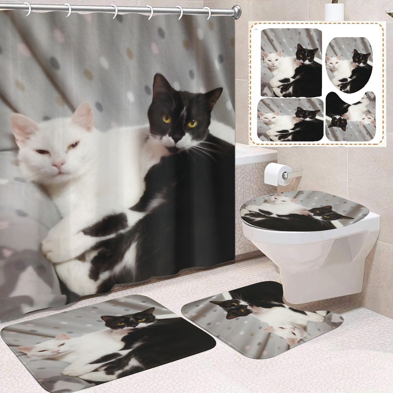 YL-37671 Black and White Cat Shower Curtain Waterproof and Mildew-proof Digital Print Shower Curtain Four-Piece Set