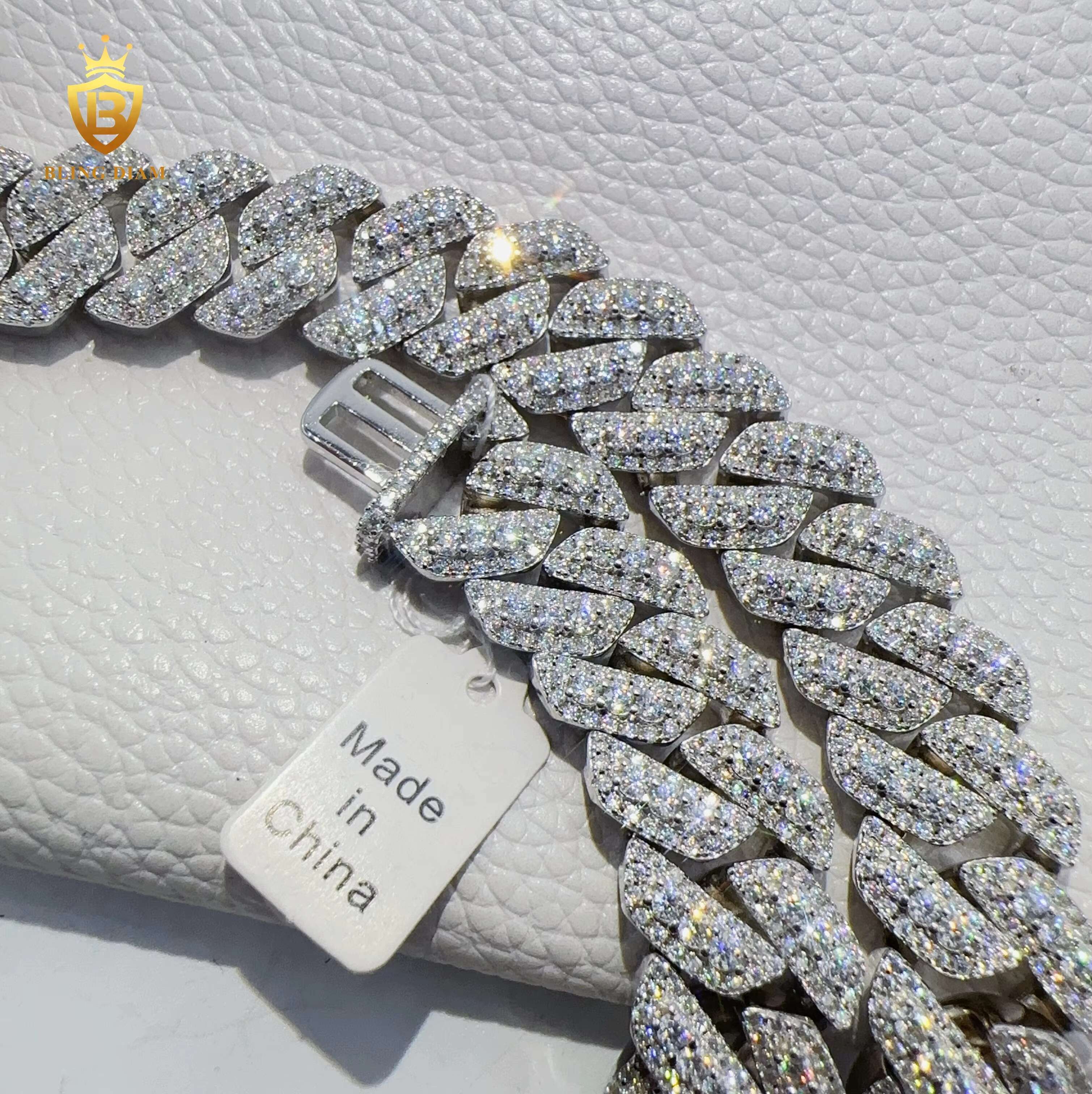 High Quality Custom Hip Hop Jewelry 15mm Iced Out Heavy Cuban Link Chain VVS Moissanite 925 Sterling Silver Hiphop Chain
