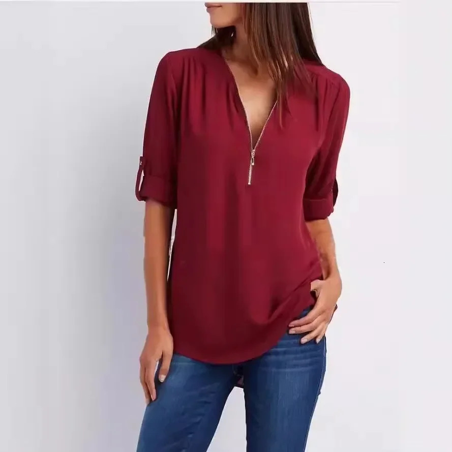 selling womens cool loose shirt deep V-neck chiffon fashionable shirt casual womens top sexy zipper plus size 250409