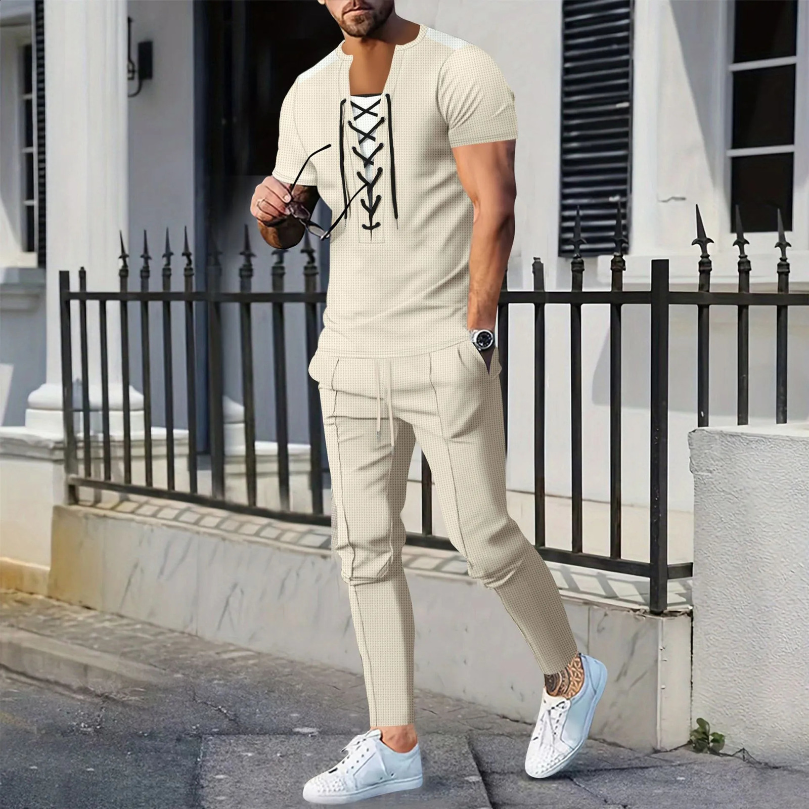 The 2025 Mens casual solid color Waffle rope short-sleeved summer casual pants suit 250407