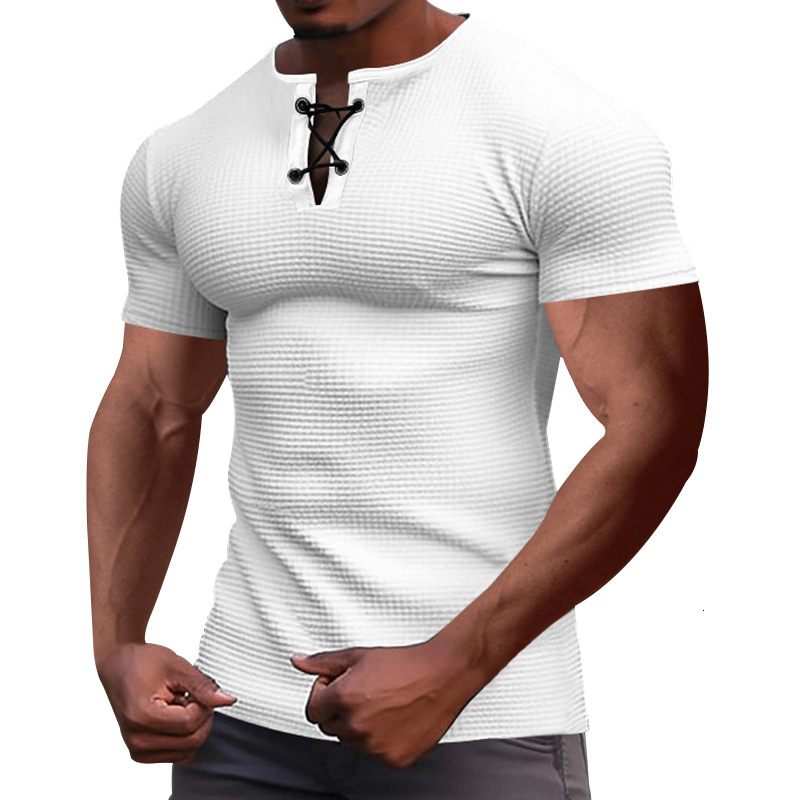 2025 summer sports fashion slim fit breathable mens short sleeved t-shirt mens tied rope Henley shirt