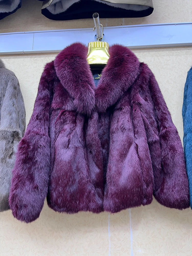 100 Genuine Whole Skin Real Rabbit Fur Coat With y Natural Fox Collar Jacket Full Pelt Overcoat 251110