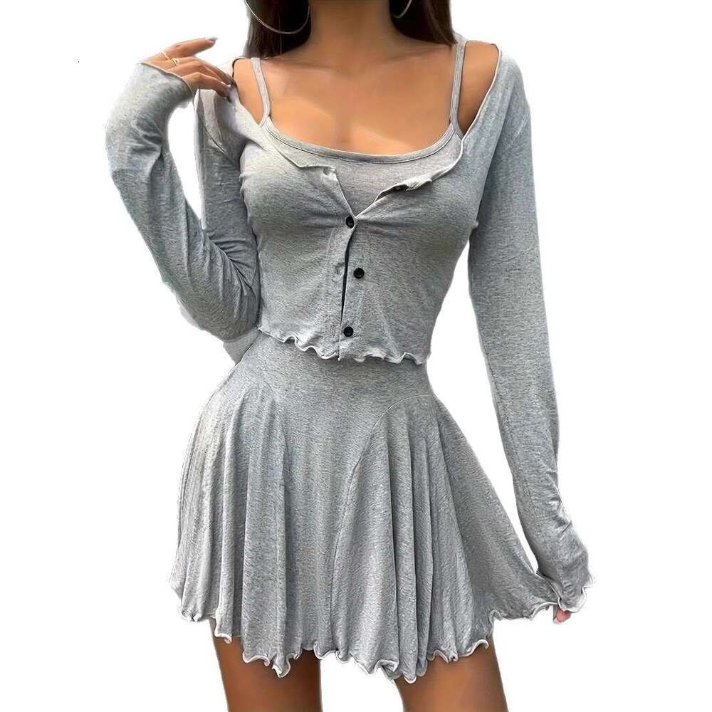 Sweet Spicy Girl for Women Retro Simple Cardigan Jacket Layered Summer Strap Dress Two-Piece Set European and American Style