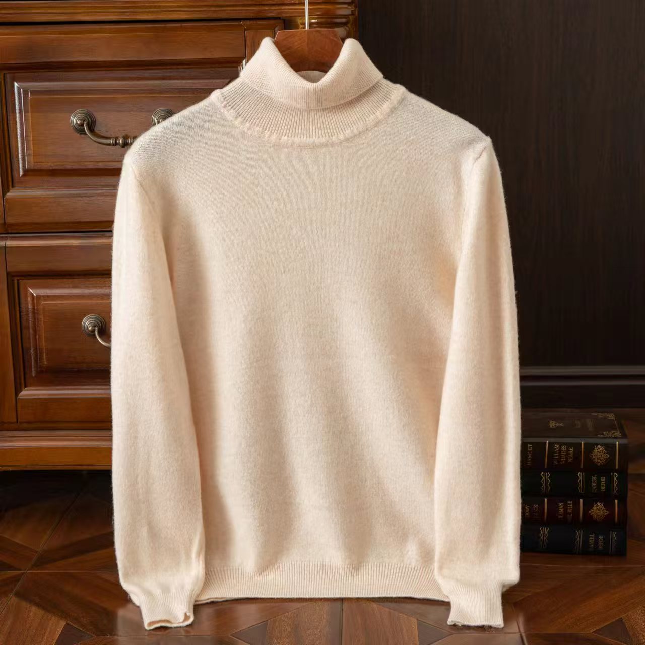 Spring and Autumn men's 100% pure wool sweater knitted sweater pullover round neck high neck solid color versatile solid color sweater