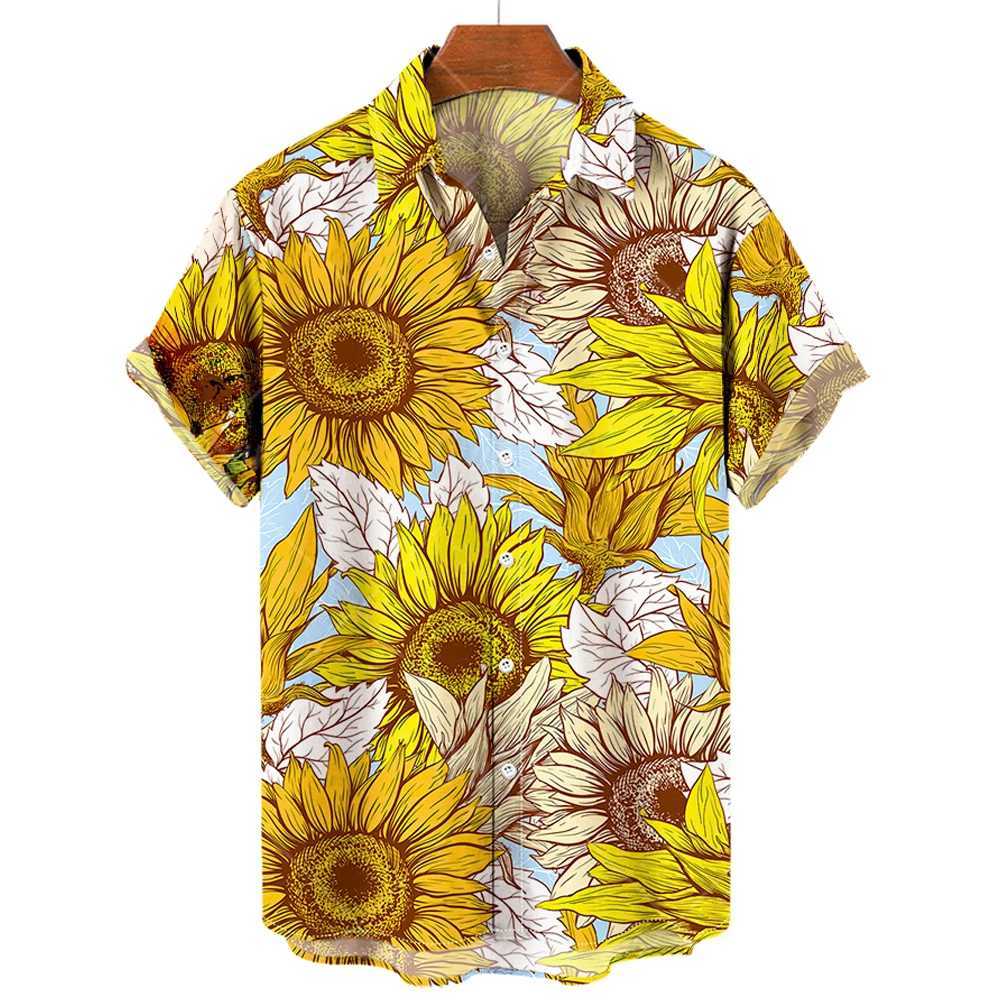 Sunflower Sunshine Print Hawaiian mens collar shirt mens fashion wide short sleeved T-shirt oversized clothing top X250410