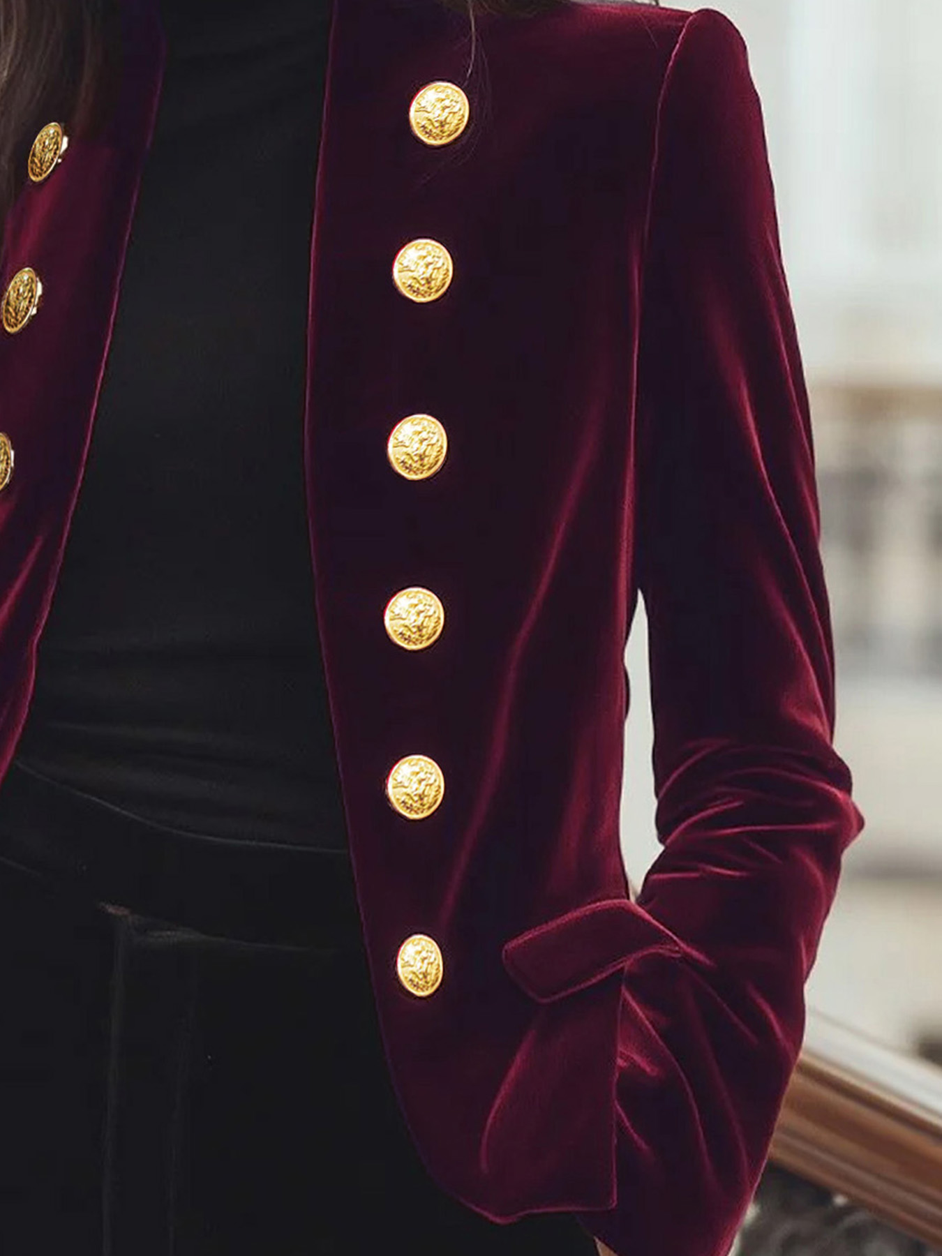Women's Elegant Velvet Blazer, Metal Double-Breasted Slim Fit Evening Coat, Wine Red---D359