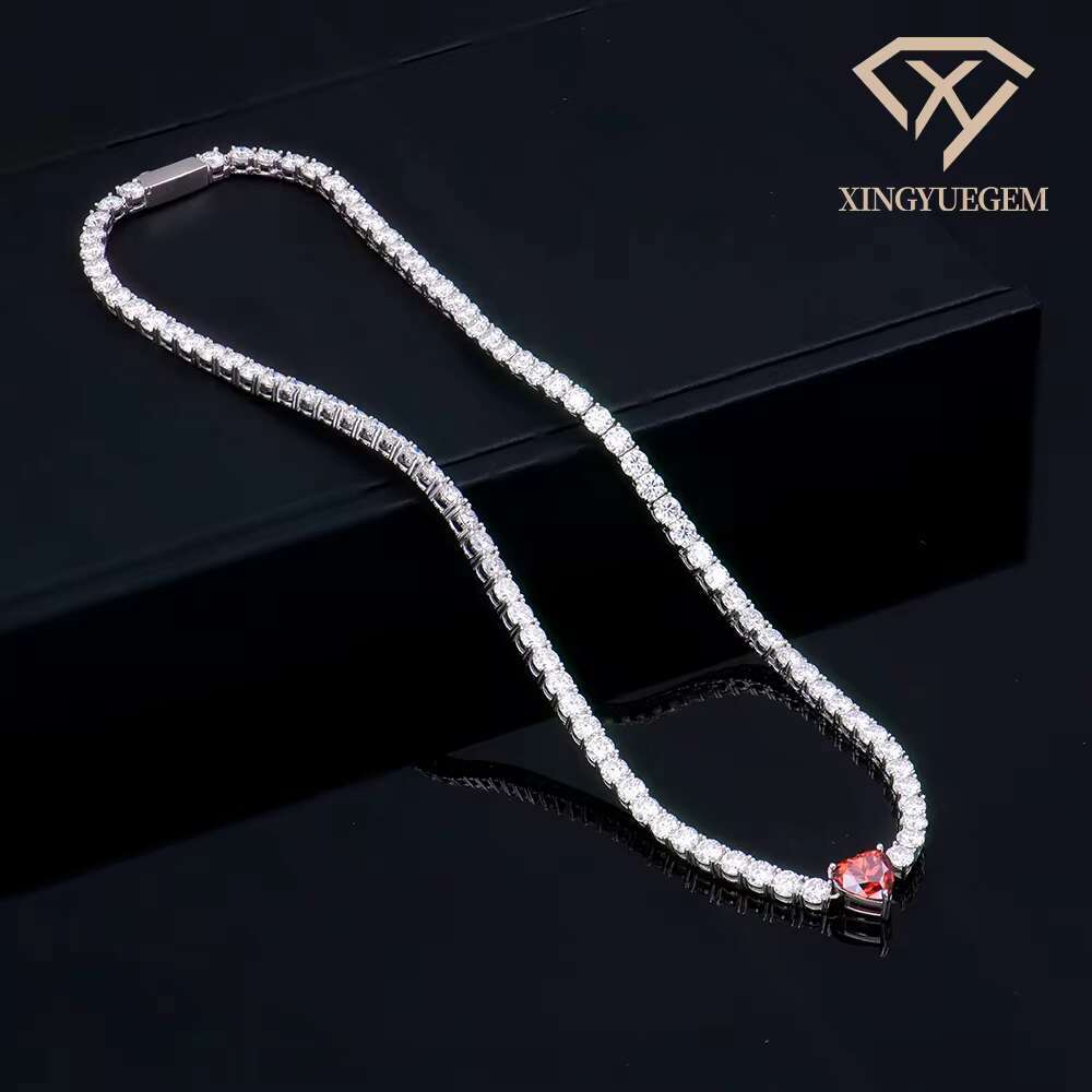 Custom Hiphop Silver 925 Jewelry 4mm Diamond Mossanite Moissanite Tennis Chain Necklace With Pigeon Blood Heart Pendant for Gift