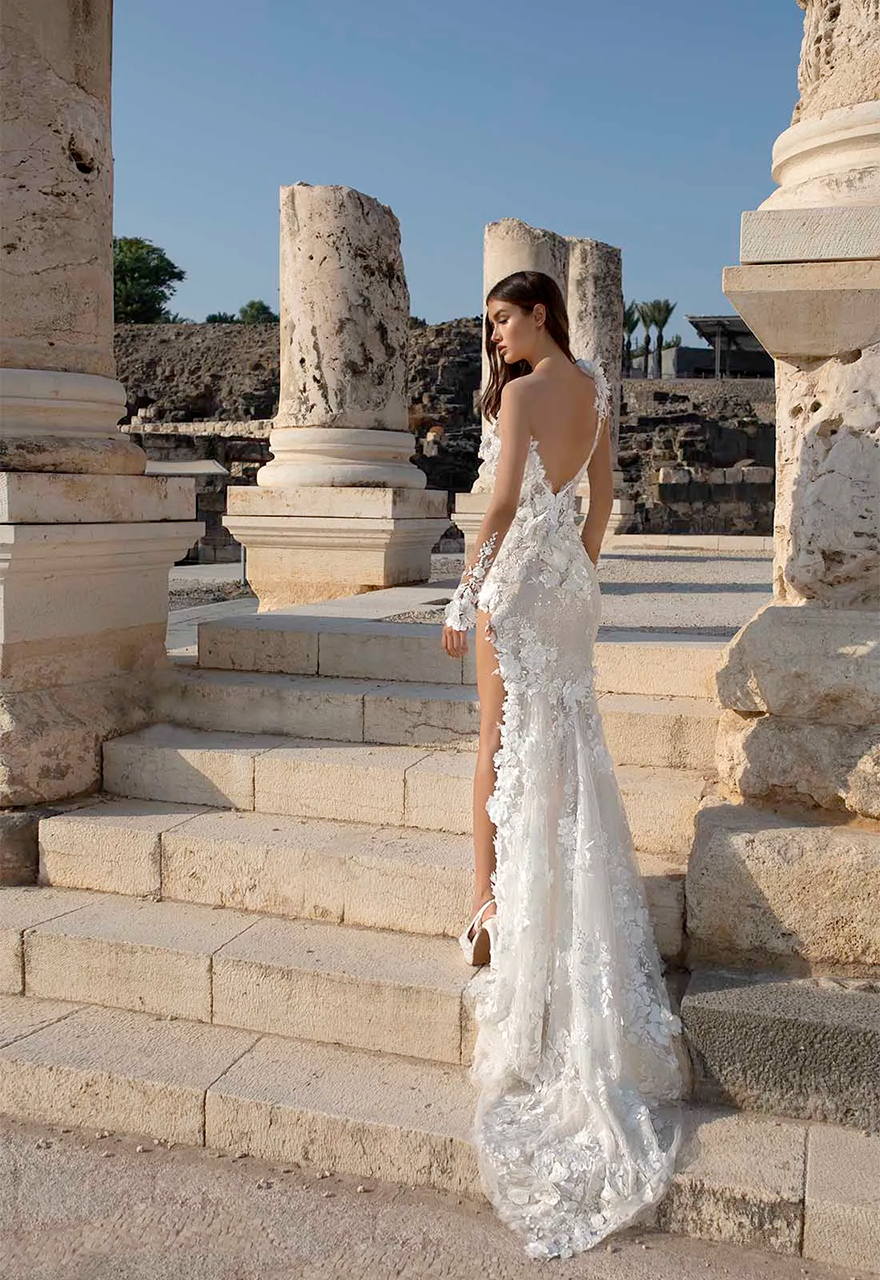 Beach Mermaid Wedding Dresses Thigh High Slit Sheer Neck Lace Floral Appliques Wedding Gowns vestido de novia Custom Made A279