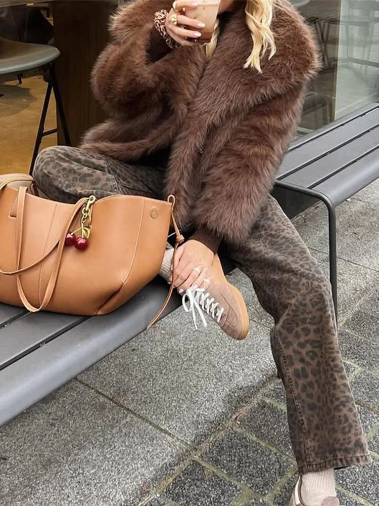 Solid Brown Fluffy Fur Jacket Womens Casual Lapel Loose Long Sleeves Thicken Warm Short Coat Winter Lady Commute Wear 251110