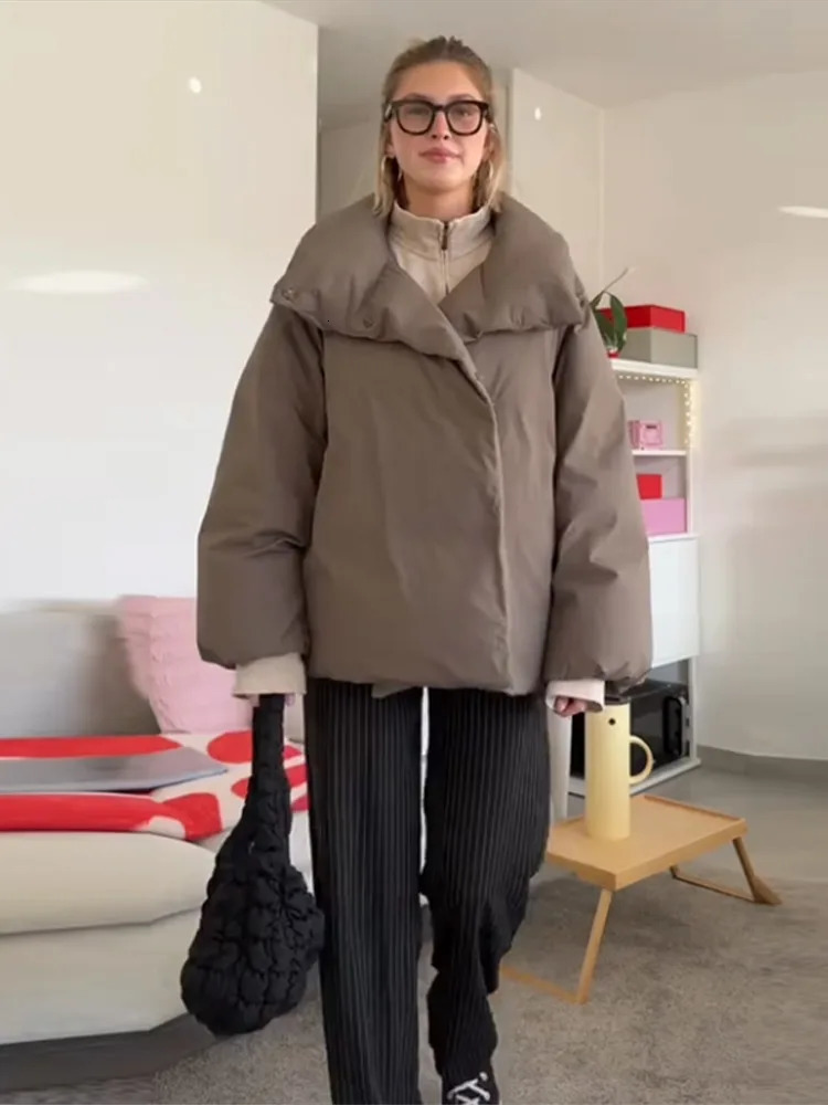 Stand Collar Women Padded Jacket 2025 Autumn Winter Covered Button Loose Female Long Sleeve Jackets Office Lady Street Short Top 251107