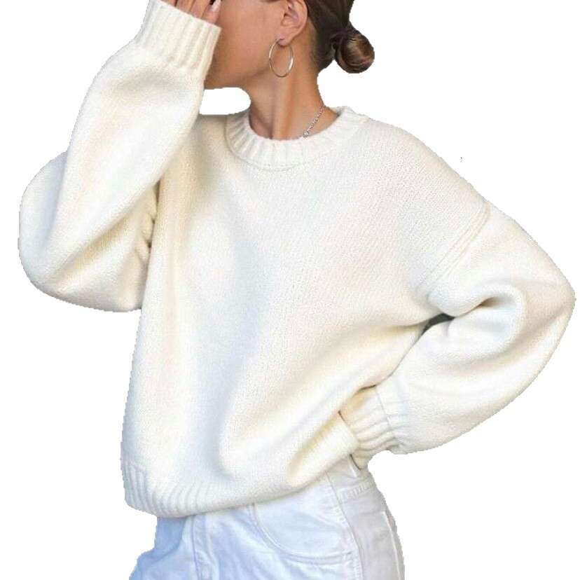 Lazy Style Foreign Trade Round Neck Thickened Solid Color Knitted Women Autumn Winter European Goods Pullover Long Sleeve Sweater Top
