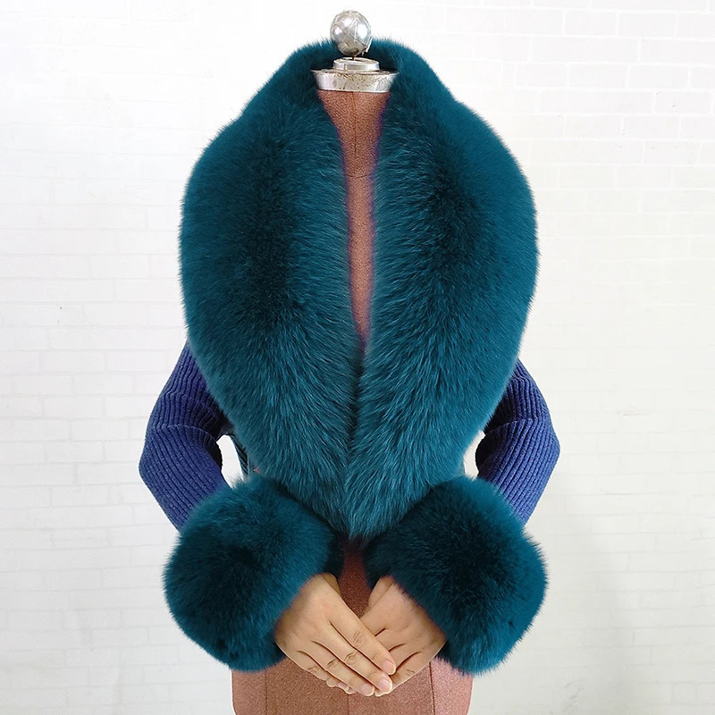 Winter Natural Fox Fur Scarf And Cuff Set Women Jacket Fur Collar Neck Warm Scarves Fluffy Fox Fur Shawl 251103