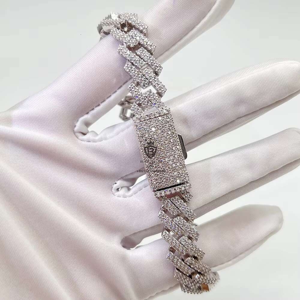Hip Hop Hot Sale 18k Gold Plated 12mm Cuban Link Chain Moissanite Iced Men 925 Silver Jewelry Bracelet