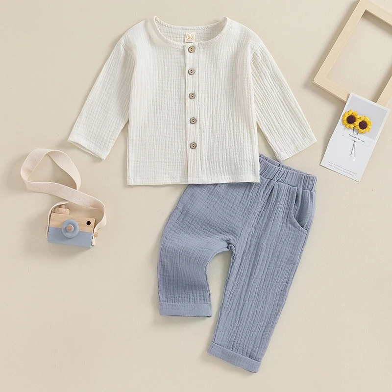 Visgogo 2-piece childrens mens button up long sleeved T-shirt solid color long pants linen spring autumn set 250409