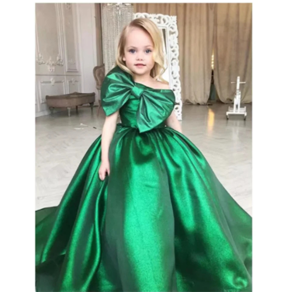 Green Fluffy Flower Girl Wedding Dress Satin Sleeveless Bow Childrens Princess Birthday Party First Exchange Ball Dress 250403