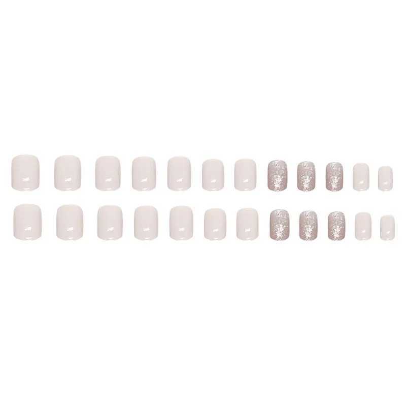 24 pieces of milk white sparkling fake nails with jelly stickers pressed on top of the fake nails wearable round headed oval shaped fully covered nail