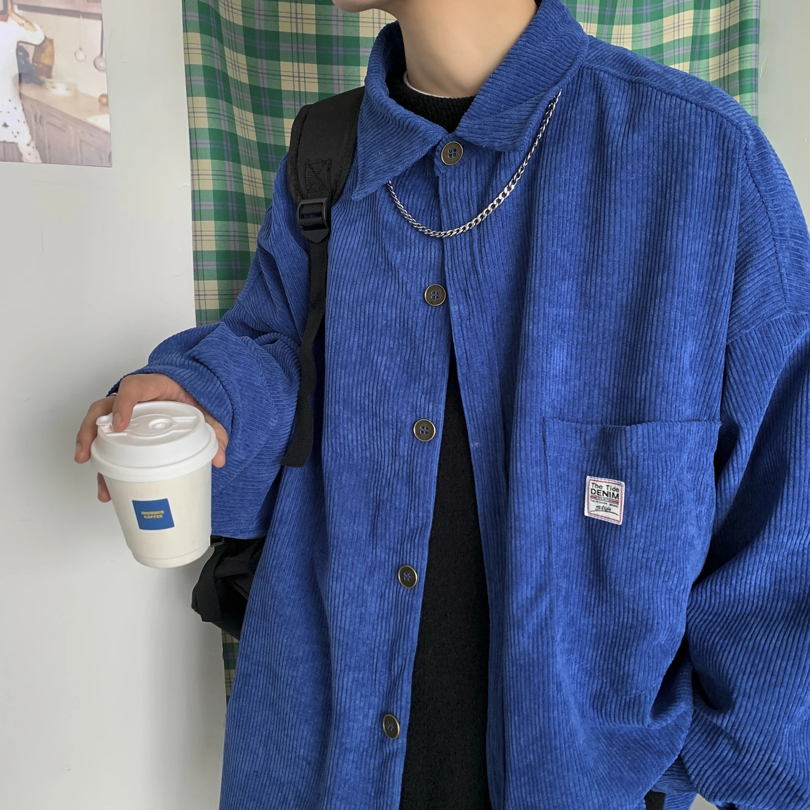 Men Corduroy Shirts Harajuku Korean Loose Style Long Sleeve Vintage Streetwear Overshirt M-3XL 250408