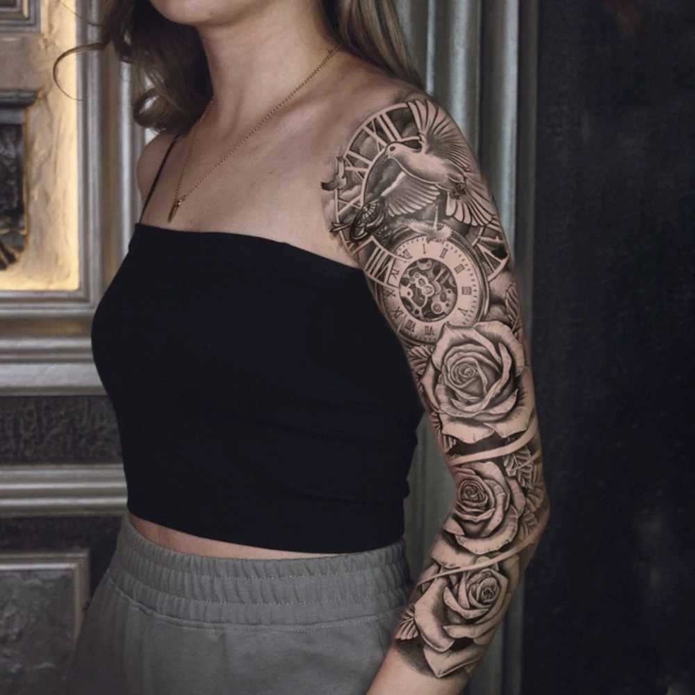 Large Full Sleeve Waterproof Temporary Tattoo Stickers Clock Rose Pigeon Bird Totem Fake Tattoo Body Art Mens Legs W250410