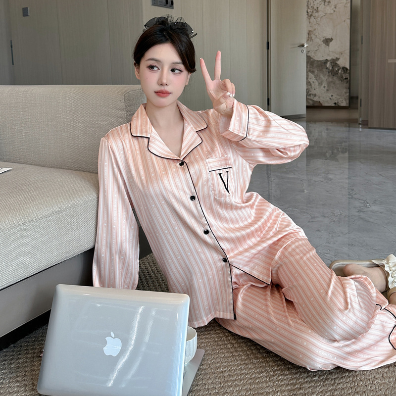 Womens pajamas striped and letter printed pajamas set comfortable long sleeved buttons top and pants Valentines Day pajamas set 250320