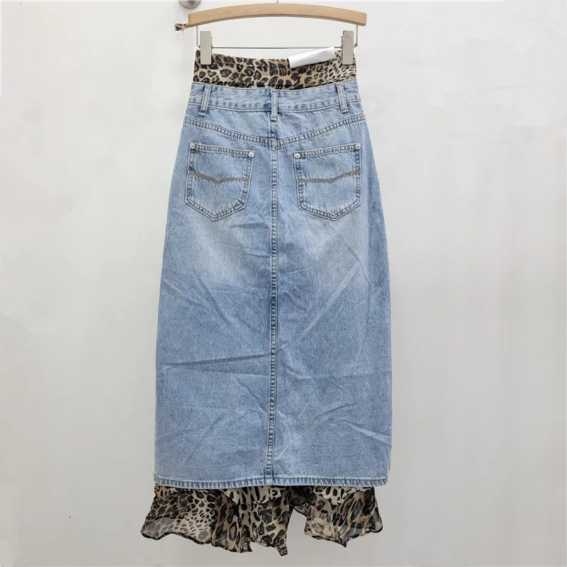 Womens denim skirt patch work leopard print irregular Aline high waisted long autumn fashion 250410