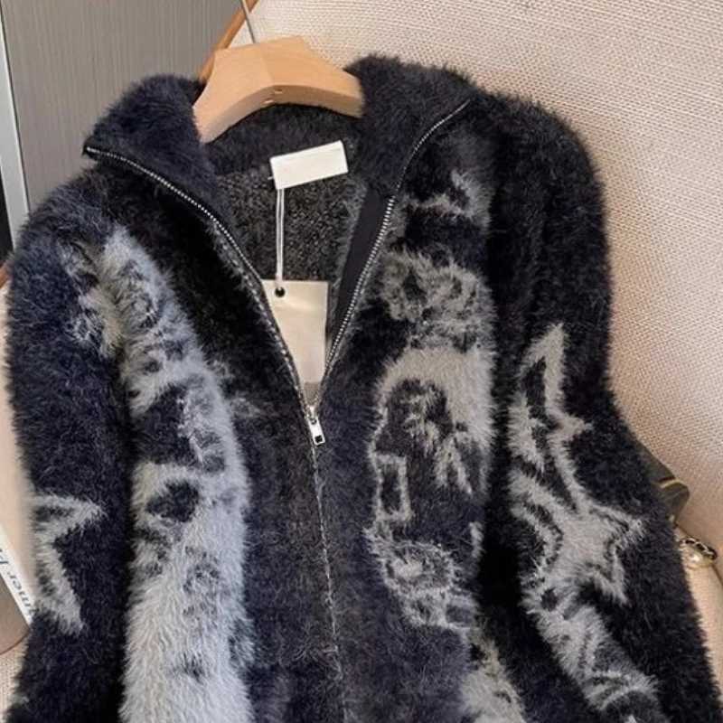 Fashion Y2k American Vintage Gothic Print Autumn Winter Sweaters Cardigan 2000s Subculture Loose Casual Long Sleeve Zipper Cardigan Chic Y251110