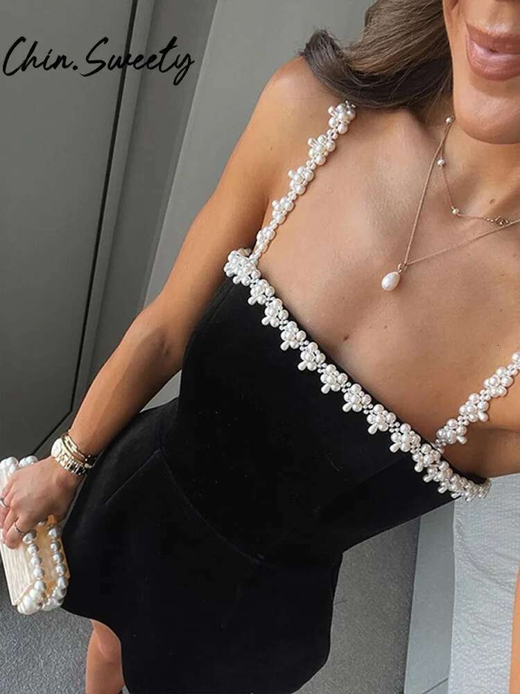 Evening Pearl 3D wer Slip Dress Women Sexy Black Slim Sleeveless Backless Female Dresses 2025 Spring Square Collar Lady Robe
