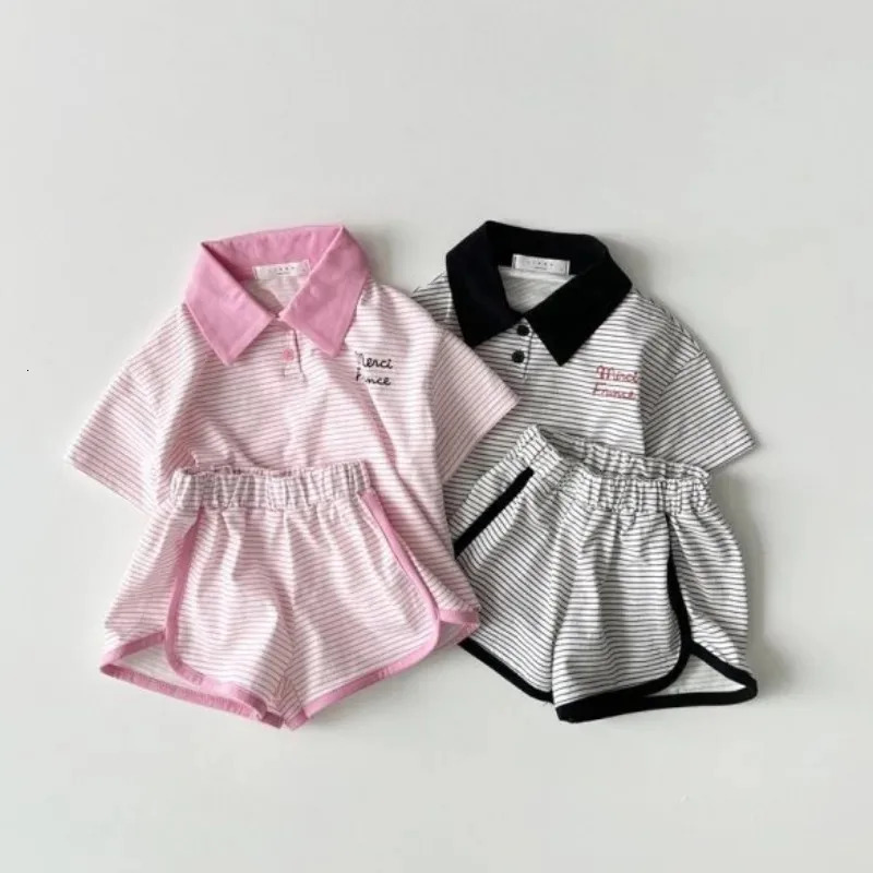 Summer Korean Style Baby Boys 2PCS Striped Clothing Cotton ShirtShorts Childrens Girls Casual Loose Polo Shirt Set 250409