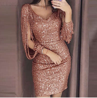 New V-neck Sequin Tassel Long Sleeve Slim SEXY DRESSES FOR WOMEN Bodycon Night club maxi dress