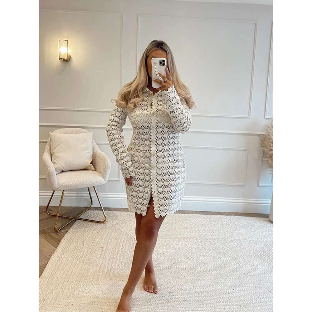 Elegant Lace Women's Dress Long Sleeve Turn-Down Collar Hollow Out Knit Female Mini Dresses 2025 Spring Summer Button Lady Robe