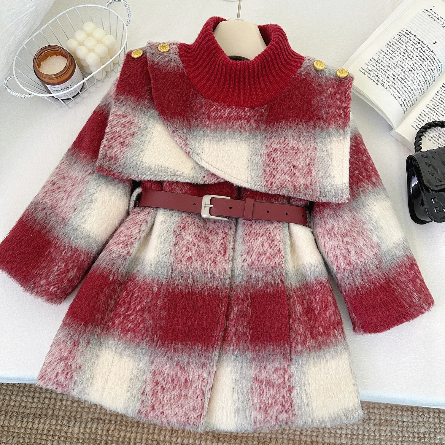 Kids Girls Jacket Coat Outwear Sweet Thicken Winter Woolen Coat for Girls Outdoor Overcoat Childrens Year Clothes With Belt 251103