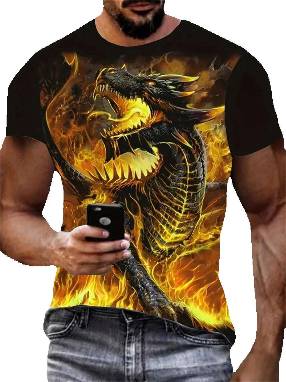 3D dragon print Haruku Street short sleeved round neck fashionable and personalized men's T-shirt, oversized casual T-shirt top