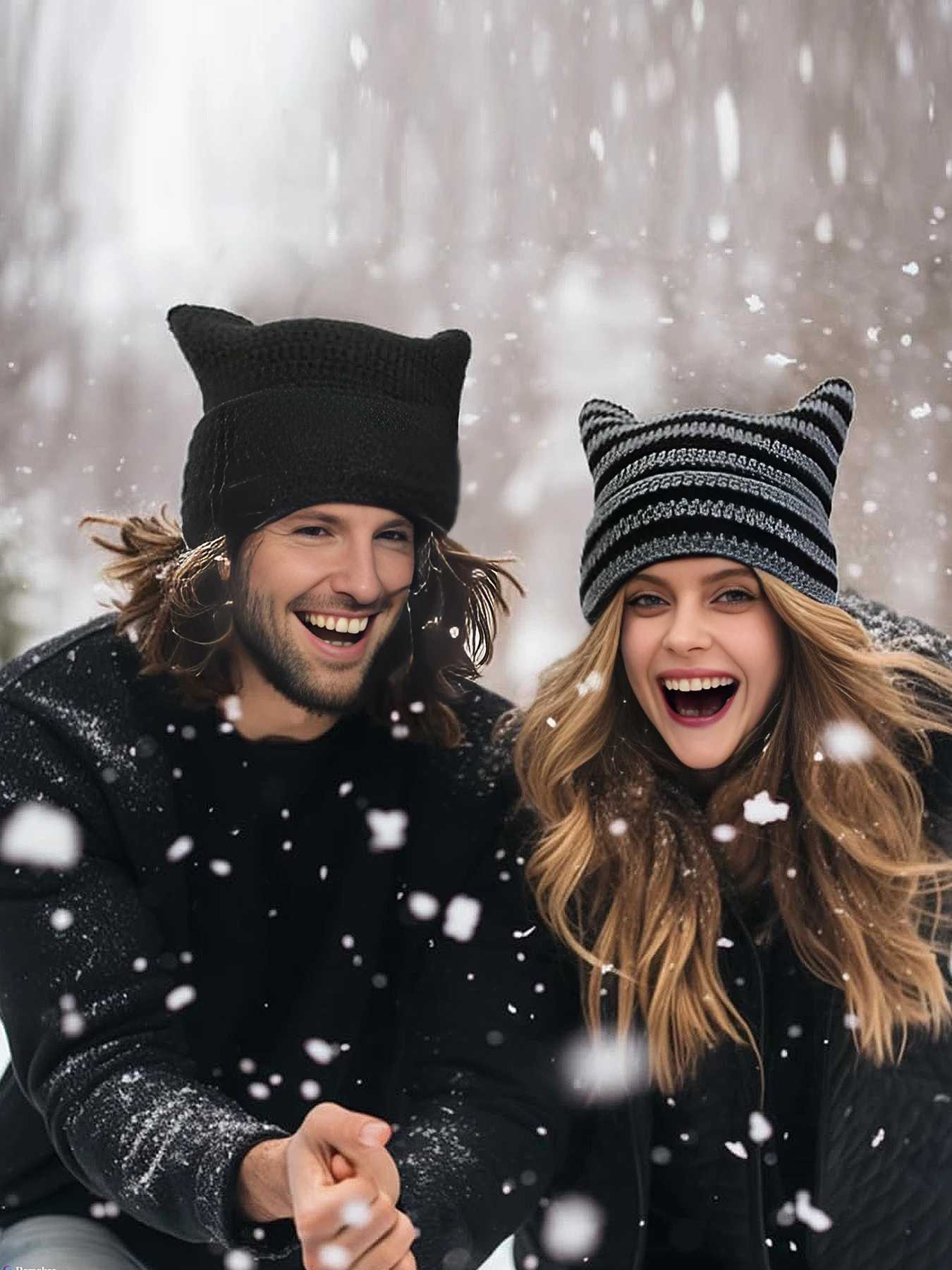 Cute Cat Ear Beanie Crochet Hats for Women Girl Knitted Y2K Striped Winter Warm Loose Fit Handmade HipHop Stylish Skullies CapXJ251110