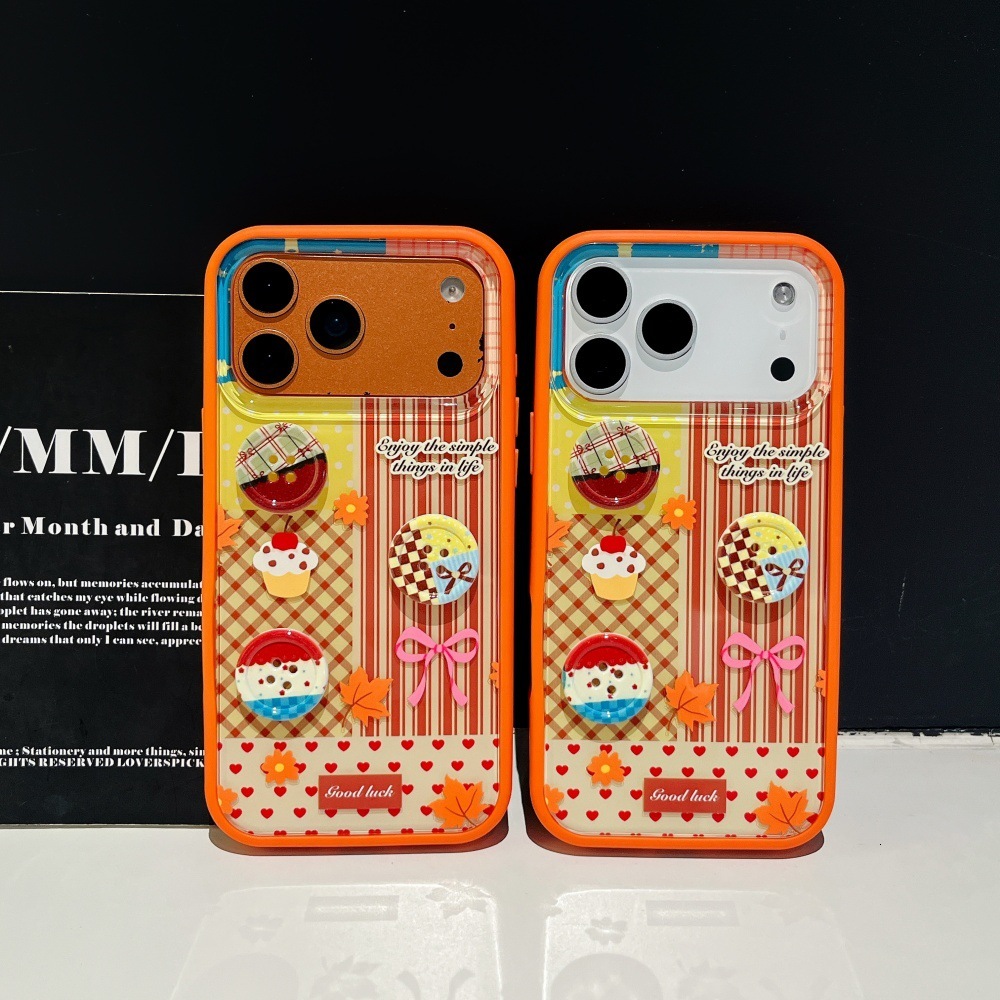 Button Stripe Phone Case Compatible with iPhone 17/16 Pro Max Autumn and Winter Cartoon Protective Cover iPhone 15/14 Shockproof